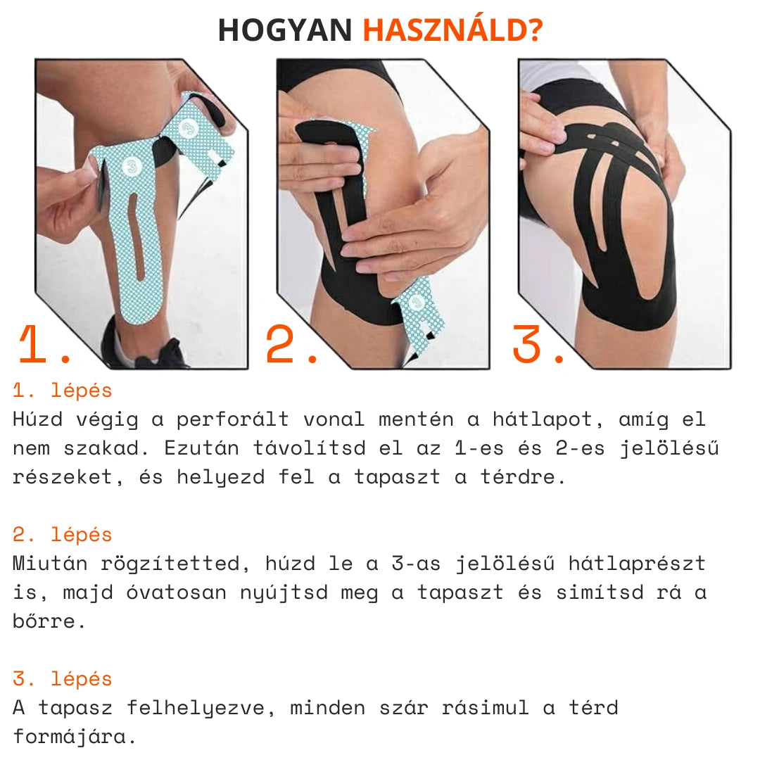 TestKomfort™ – Előre vágott, rugalmas, vízálló, bőrbarát kineziológiai térdszalag
